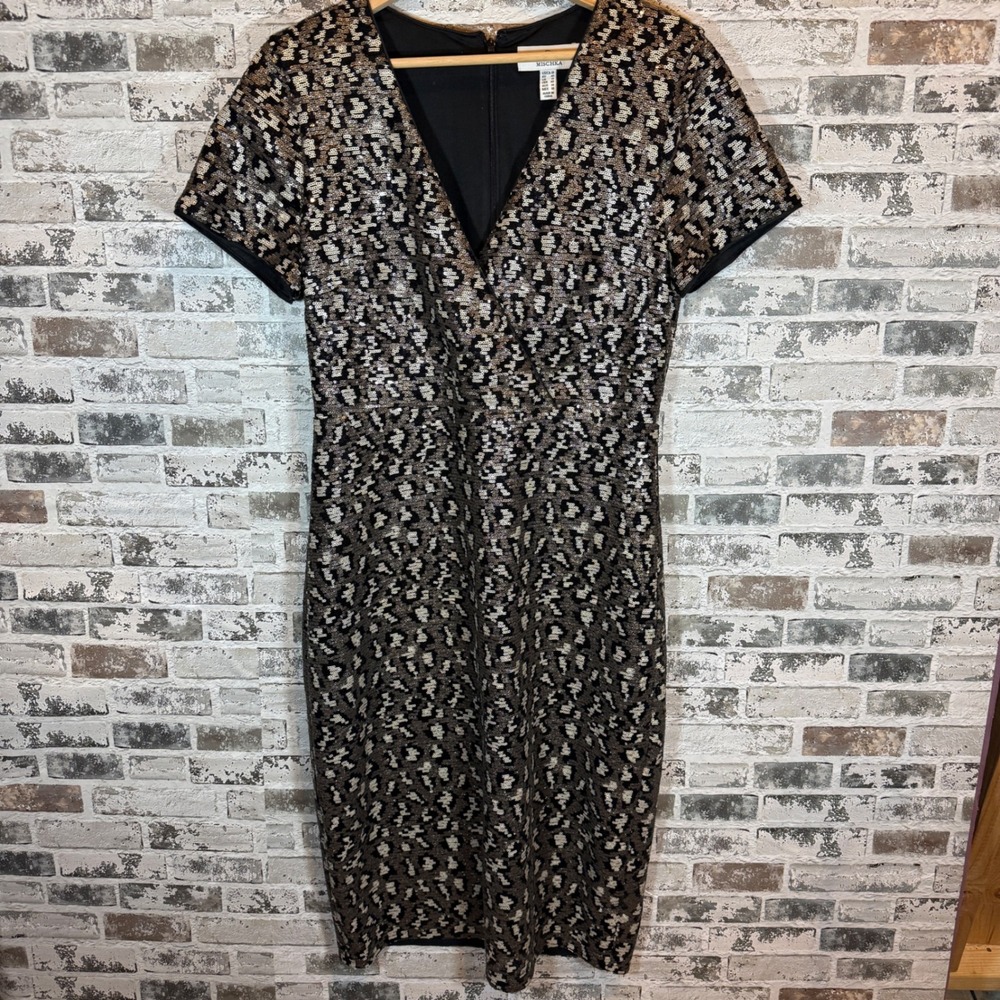 Belle Badgley Mischka Sequin Leopard Print Sheath Dress Black Size 10‎
